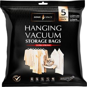 genie space - incredibly strong premium hanging space saving vacuum bags | variety 5 pack (2 extra long + 3 regular) | airtight & reusable | create 80% more space | for jackets, dresses and more.