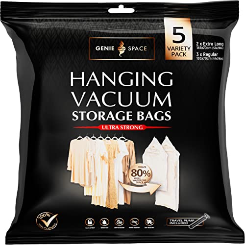 GENIE SPACE - Incredibly Strong Premium Hanging Space Saving Vacuum Bags | Variety 5 Pack (2 Extra Long + 3 Regular) | Airtight & Reusable | Create 80% More Space | for Jackets, Dresses and More.