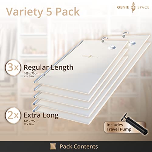 GENIE SPACE - Incredibly Strong Premium Hanging Space Saving Vacuum Bags | Variety 5 Pack (2 Extra Long + 3 Regular) | Airtight & Reusable | Create 80% More Space | for Jackets, Dresses and More.