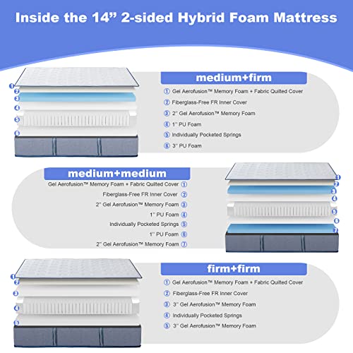 Memory Foam and Innerspring Hybrid Mattress, 14 Inch Double-Sided Cal-King Size Mattress with 2 Bonus Pillows, Flippable Mattress with Breathable Soft Fabric Cover, Bed-in-a-Box, Medium and Firm