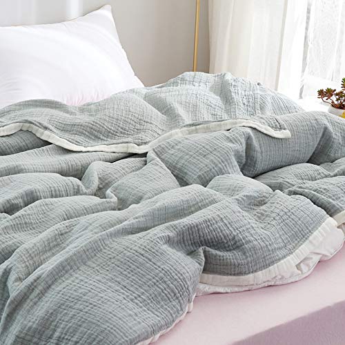 Cotton Muslin Throw Blanket for Adults Queen 78" x 90" Lightweight 100% Cotton Blankets 4 Layer Cozy Wrinkled Super Soft for Bed,Couch & Sofa,All Season Bedding, Cyan