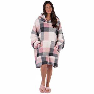 dreamscene sherpa fleece check hoodie blanket sweatshirt tartan winter wearable soft warm cosy plush oversized thermal throw blanket, one size - blush pink