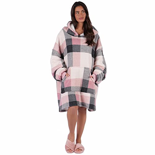 Dreamscene Sherpa Fleece Check Hoodie Blanket Sweatshirt Tartan Winter Wearable Soft Warm Cosy Plush Oversized Thermal Throw Blanket, One Size - Blush Pink