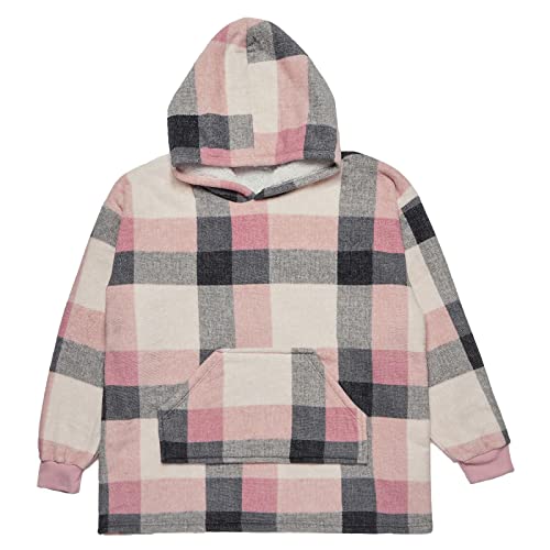 Dreamscene Sherpa Fleece Check Hoodie Blanket Sweatshirt Tartan Winter Wearable Soft Warm Cosy Plush Oversized Thermal Throw Blanket, One Size - Blush Pink