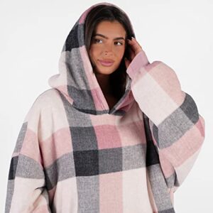 Dreamscene Sherpa Fleece Check Hoodie Blanket Sweatshirt Tartan Winter Wearable Soft Warm Cosy Plush Oversized Thermal Throw Blanket, One Size - Blush Pink