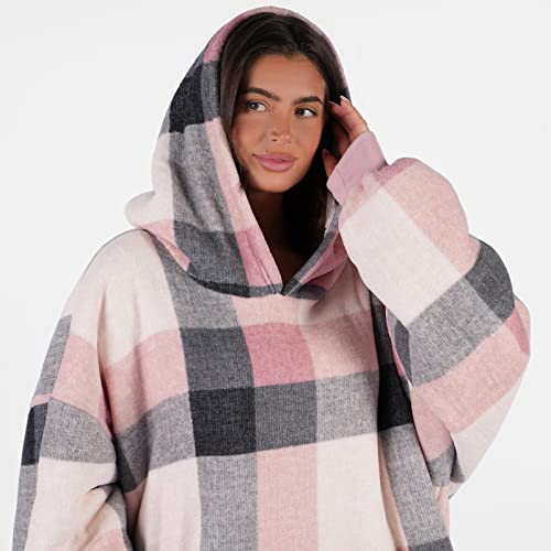 Dreamscene Sherpa Fleece Check Hoodie Blanket Sweatshirt Tartan Winter Wearable Soft Warm Cosy Plush Oversized Thermal Throw Blanket, One Size - Blush Pink