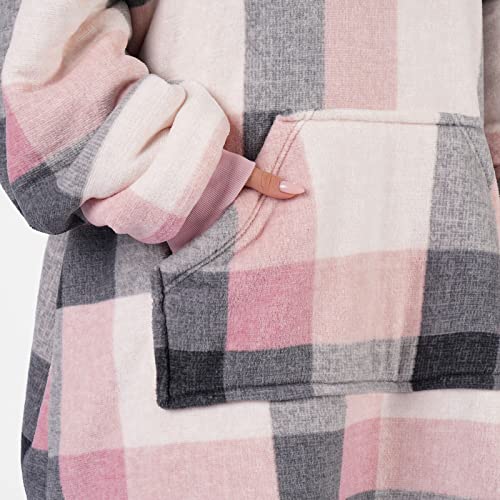 Dreamscene Sherpa Fleece Check Hoodie Blanket Sweatshirt Tartan Winter Wearable Soft Warm Cosy Plush Oversized Thermal Throw Blanket, One Size - Blush Pink