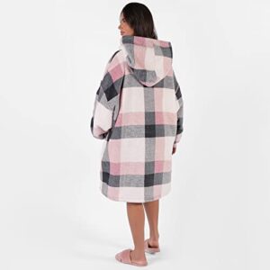 Dreamscene Sherpa Fleece Check Hoodie Blanket Sweatshirt Tartan Winter Wearable Soft Warm Cosy Plush Oversized Thermal Throw Blanket, One Size - Blush Pink