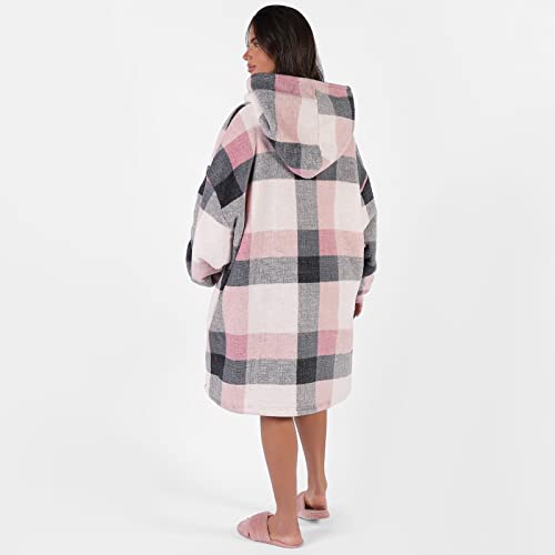 Dreamscene Sherpa Fleece Check Hoodie Blanket Sweatshirt Tartan Winter Wearable Soft Warm Cosy Plush Oversized Thermal Throw Blanket, One Size - Blush Pink