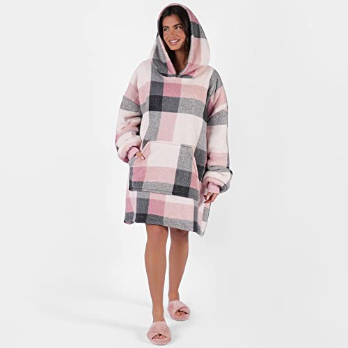 Dreamscene Sherpa Fleece Check Hoodie Blanket Sweatshirt Tartan Winter Wearable Soft Warm Cosy Plush Oversized Thermal Throw Blanket, One Size - Blush Pink
