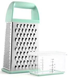 spring chef professional box grater with storage container, stainless steel & soft grip handle, 4 sides, handheld kitchen food shredder best for parmesan cheese, vegetables, ginger, 10" mint
