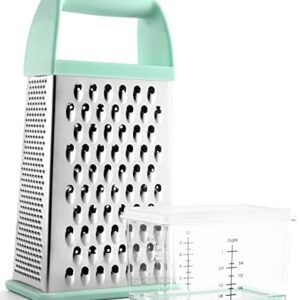 Spring Chef Professional Box Grater With Storage Container, Stainless Steel & Soft Grip Handle, 4 Sides, Handheld Kitchen Food Shredder Best for Parmesan Cheese, Vegetables, Ginger, 10" Mint