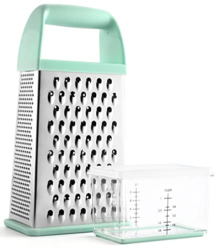 Spring Chef Professional Box Grater With Storage Container, Stainless Steel & Soft Grip Handle, 4 Sides, Handheld Kitchen Food Shredder Best for Parmesan Cheese, Vegetables, Ginger, 10" Mint