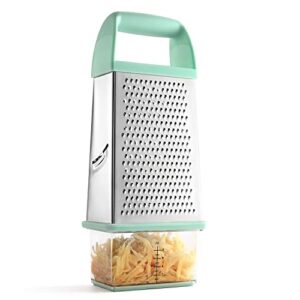 Spring Chef Professional Box Grater With Storage Container, Stainless Steel & Soft Grip Handle, 4 Sides, Handheld Kitchen Food Shredder Best for Parmesan Cheese, Vegetables, Ginger, 10" Mint