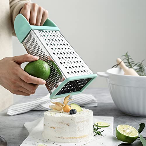 Spring Chef Professional Box Grater With Storage Container, Stainless Steel & Soft Grip Handle, 4 Sides, Handheld Kitchen Food Shredder Best for Parmesan Cheese, Vegetables, Ginger, 10" Mint