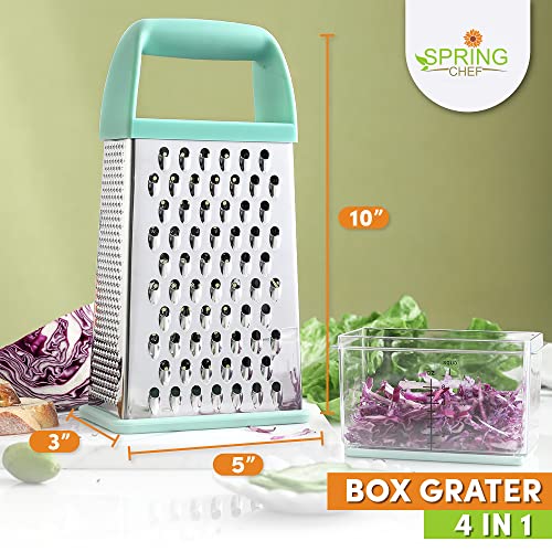 Spring Chef Professional Box Grater With Storage Container, Stainless Steel & Soft Grip Handle, 4 Sides, Handheld Kitchen Food Shredder Best for Parmesan Cheese, Vegetables, Ginger, 10" Mint