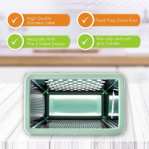 Spring Chef Professional Box Grater With Storage Container, Stainless Steel & Soft Grip Handle, 4 Sides, Handheld Kitchen Food Shredder Best for Parmesan Cheese, Vegetables, Ginger, 10" Mint