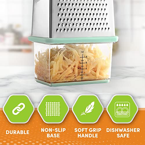 Spring Chef Professional Box Grater With Storage Container, Stainless Steel & Soft Grip Handle, 4 Sides, Handheld Kitchen Food Shredder Best for Parmesan Cheese, Vegetables, Ginger, 10" Mint