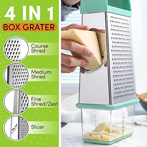 Spring Chef Professional Box Grater With Storage Container, Stainless Steel & Soft Grip Handle, 4 Sides, Handheld Kitchen Food Shredder Best for Parmesan Cheese, Vegetables, Ginger, 10" Mint