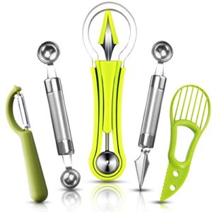 5pcs melon baller scoop set, 4 in 1 stainless steel fruit scooper seed remover cutter, double sided melon baller spoon, avocado cutter, watermelon carving knife for dig pulp separator fruit slicer