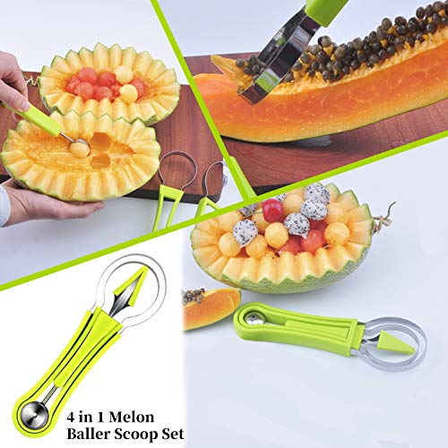 5Pcs Melon Baller Scoop Set, 4 in 1 Stainless Steel Fruit Scooper Seed Remover Cutter, Double Sided Melon Baller Spoon, Avocado Cutter, Watermelon Carving Knife for Dig Pulp Separator Fruit Slicer