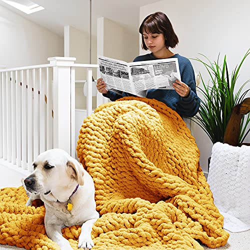 ERLYEEN Chunky Knit Blanket Handmade Chenille Blanket Warm Soft Cozy for Bed Chair Sofa Best Gift Turmeric 40"x60"（Love Seat）