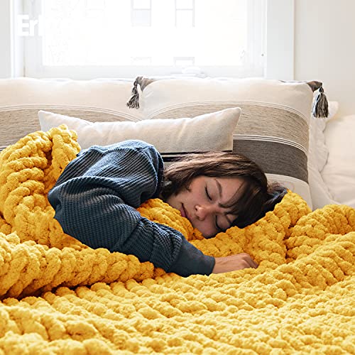 ERLYEEN Chunky Knit Blanket Handmade Chenille Blanket Warm Soft Cozy for Bed Chair Sofa Best Gift Turmeric 40"x60"（Love Seat）