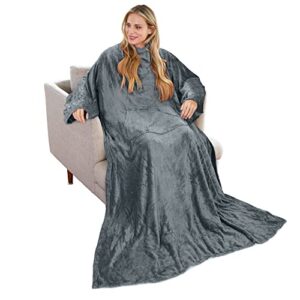 wearable blanket with sleeves for adult women men, extra soft warm cozy micro plush lightweight fleece snuggy body blanket, tv wrap throw blanket robe with pocket for lounge sofa home office, gray