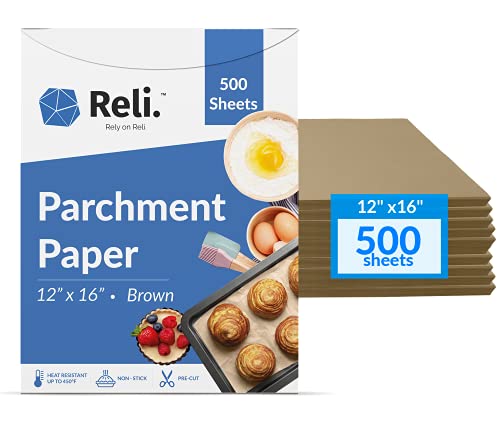 Reli. 500 Pcs Parchment Paper Sheets, Bulk | 12x16 in. | Brown Parchment Sheets/Baking Paper | Non-Stick, Pre-Cut Pan Liners | Brown | Parchment Paper Sheets for Baking, Air Fryer, Grilling