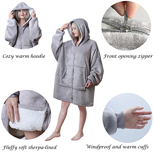 Queenshin Open Front Zip Up Oversized Hoodie Wearable Blanket for Men Women, Adults Comfy Sherpa Lined Hooded Sweatshirt with Zipper, One Size,Light Grey