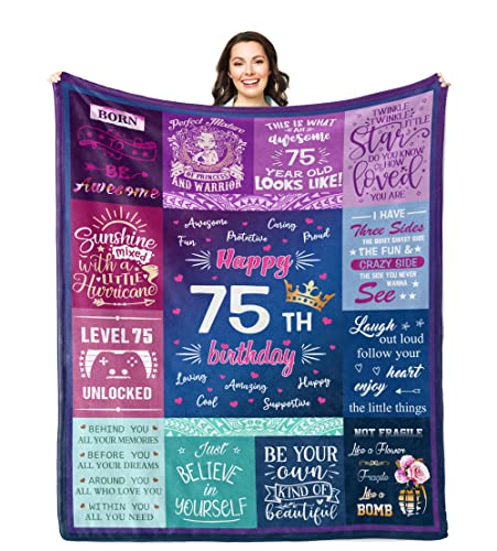 Solzien 75th Birthday Gifts for Women Blankets 60"x50", 75th Birthday Decorations for Women, Best Gifts for 75 Year Old Female Unique, Happy Birthday Decorations Sign, Gift Ideas for 75th Birthday