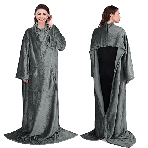 Fleece Wearable Blanket with Sleeves and Kangaroo Pocket for Women Man Adult, Super Soft Warm TV Throw Blanket with Snap Button, Body Wrap Robe Blankets with Arms, Gray