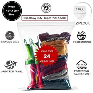 [ 24 COUNT ] - 3 MILL - 18"x24" - Extra Large Super Big Bags, Zipper - 3 MILL - Jumbo Big Plastic Bags, Clear 5 Gallon Bags,- 24 Count