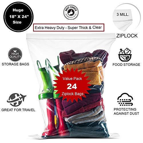 [ 24 COUNT ] - 3 MILL - 18"x24" - Extra Large Super Big Bags, Zipper - 3 MILL - Jumbo Big Plastic Bags, Clear 5 Gallon Bags,- 24 Count