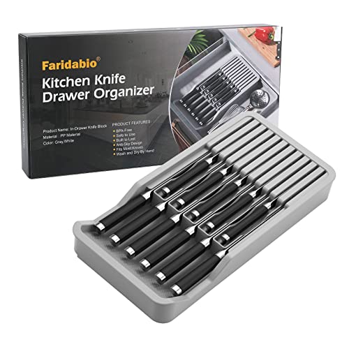 Faridabio In-Drawer Knife Block,Kitchen Knife Drawer Organizer,2 Tier Knife Holder Holds 11 Knives with Expandable Organizer Storage Tray (Gray)