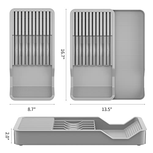 Faridabio In-Drawer Knife Block,Kitchen Knife Drawer Organizer,2 Tier Knife Holder Holds 11 Knives with Expandable Organizer Storage Tray (Gray)