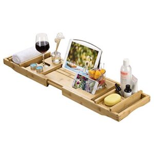 Bamboo Bathtub Caddy Tray, Compact Bathtub Table with Free Soap Dish, Serving Tray Organizer Phone Tablet Holder, Bamboo Organizer Tray for Bathroom, Suitable for Luxury Spa or Reading