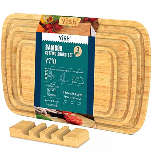 Bamboo Cutting Board Kitchen Chopping-Board: YISH Bamboo Chop Board Set of 3 With Juice Groove Wood Cutting Boards with Holder for Meat Vegetables - 15"x10" & 13"x8" & 10"x6.2"