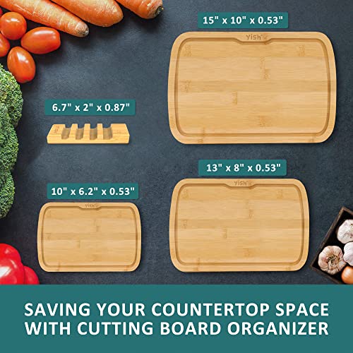 Bamboo Cutting Board Kitchen Chopping-Board: YISH Bamboo Chop Board Set of 3 With Juice Groove Wood Cutting Boards with Holder for Meat Vegetables - 15"x10" & 13"x8" & 10"x6.2"