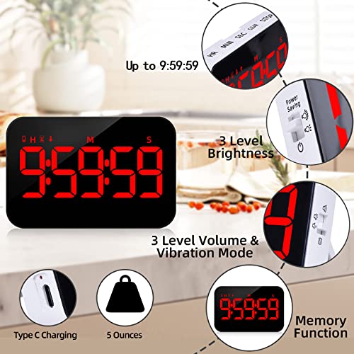 PERSUPER Digital Timer Kitchen Timer Count Down Up Rechargeble Kitchen Gadgets Vibration Mode Adjustable Volume and Brightness LED Display Time Management for Cook, Desk, Kids Adults Study Teaching