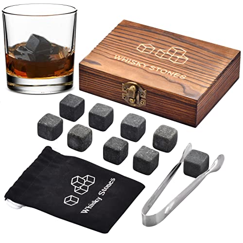 Whiskey Stones, Whiskey Stone Gift Set, 9 Granite Whisky Rocks, Burbon Gifts Cool Presents for Men Dad Husband Boyfriend, Unique Anniversary Birthday Wedding Gift Ideas - by Angde