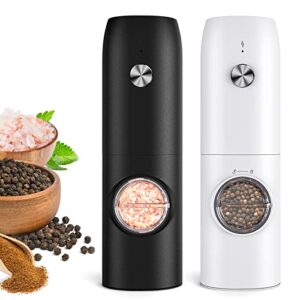 electric salt and pepper grinder set (2 pack), rechargeable - no battery needed - automatic salt pepper mill grinder, adjustable coarseness, led light, one-hand operation for kitchen bbq