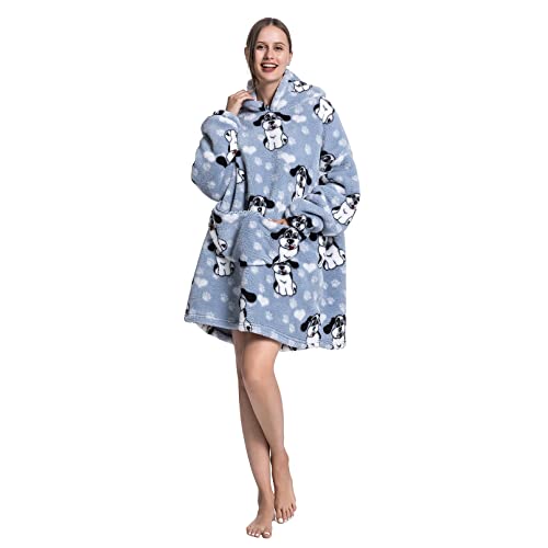 Blanket Hoodie Wearable Oversized Hooded Blanket for Adult Women Men Super Soft Comfortable Warm Flannel Sherpa with Giant Pocket Cute Dogs