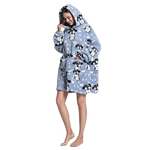 Blanket Hoodie Wearable Oversized Hooded Blanket for Adult Women Men Super Soft Comfortable Warm Flannel Sherpa with Giant Pocket Cute Dogs