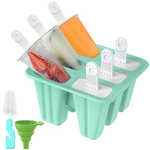 Popsicle Molds, Ouddy 6 Pieces Silicone Popsicle Molds DIY Reusable Ice Pop Molds - Easy Release Popsicle Maker with Silicone Funnel & Cleaning Brush(Green)