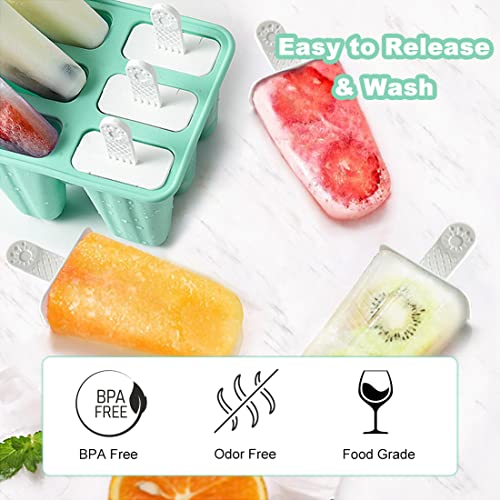 Popsicle Molds, Ouddy 6 Pieces Silicone Popsicle Molds DIY Reusable Ice Pop Molds - Easy Release Popsicle Maker with Silicone Funnel & Cleaning Brush(Green)