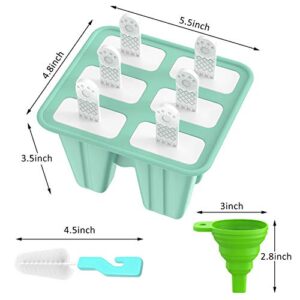 Popsicle Molds, Ouddy 6 Pieces Silicone Popsicle Molds DIY Reusable Ice Pop Molds - Easy Release Popsicle Maker with Silicone Funnel & Cleaning Brush(Green)