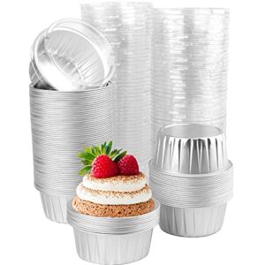 DEAYOU 100-Pack Aluminum Foil Muffin Cups Ramekins, 5oz Disposable Cupcake Baking Liner with Lid, 3" Recyclable Mini Tart Pie Tin Pan Holder for Creme Brulee, Party, Wedding, Silver Color