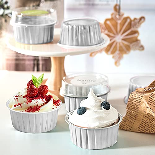DEAYOU 100-Pack Aluminum Foil Muffin Cups Ramekins, 5oz Disposable Cupcake Baking Liner with Lid, 3" Recyclable Mini Tart Pie Tin Pan Holder for Creme Brulee, Party, Wedding, Silver Color