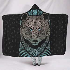 qsfx viking hooded blanket 3d printed viking bear warm hooded blanket wearable blanket unisex norse mythology robe indoor party portable cape flannel blanket (color : z, size : 80x60in/150x200cm)